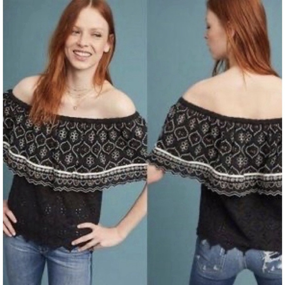 Anthropologie Hemant & Nandita Mavra Embroidered Eyelet Top Black Sz M New $148